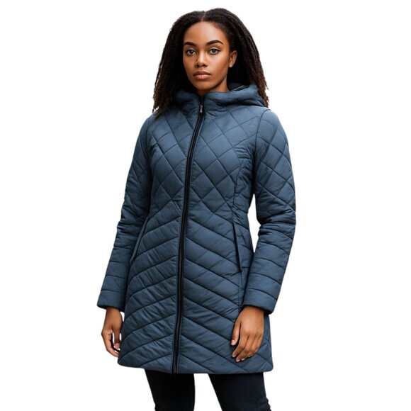 NEW Bernardo Slate Blue Puffer Coat | Removable Hood Pockets Ecoplume™ | Medium - Picture 1 of 16